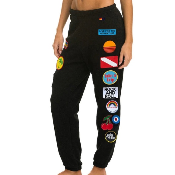 NWT Aviator Nation Vintage Patch Black Sweatpants X-Small - Picture 1 of 9